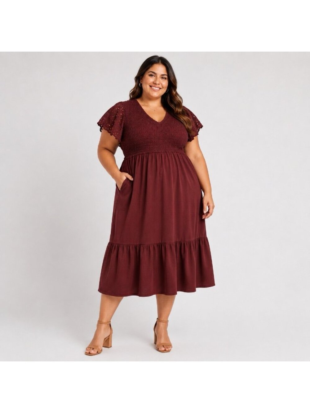 Universal Thread Maroon Women's XXL Flutter Short Sleeve Smocked Midi Dress NWT